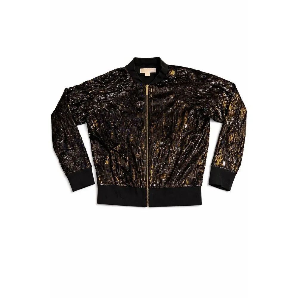 Michael Kors Black Sequin Bomber Jacket Size Small New